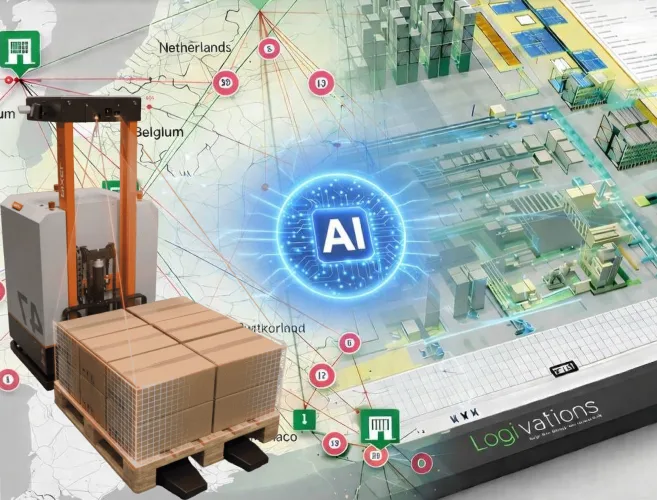 A Pixel PT pallet transporter in front of a European logistics network and a W2MO digital twin