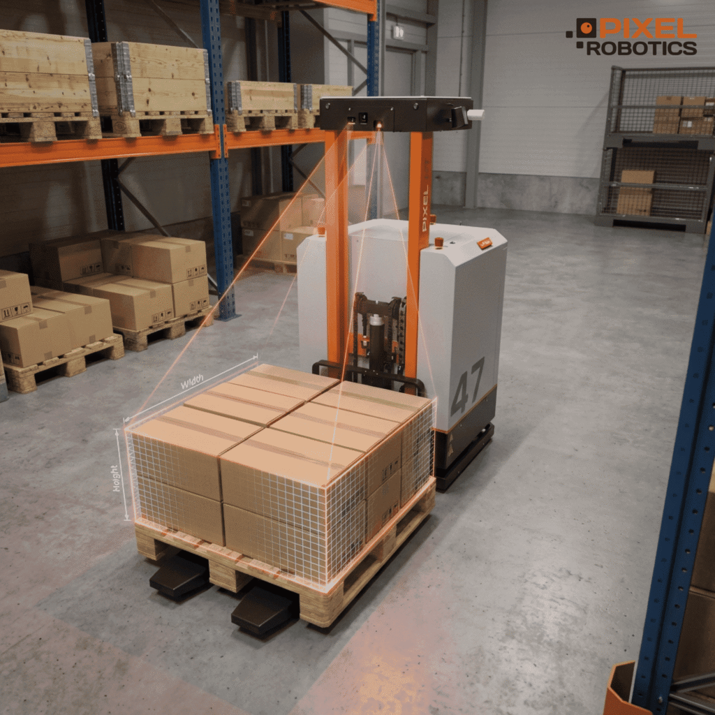 Pixel PT measuring a wrapped pallet with AI overlays for width and height