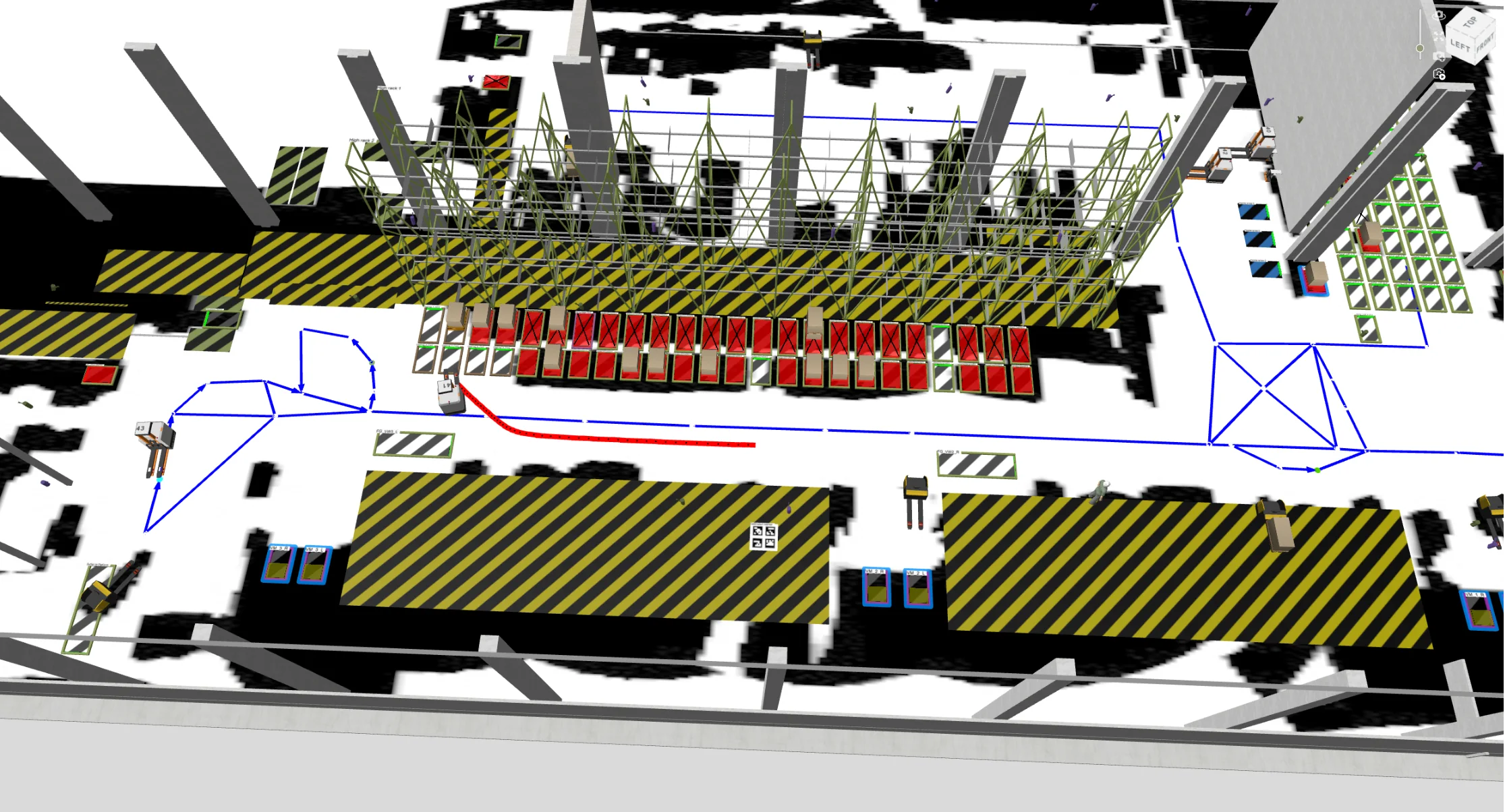 Digital twin of the logistics area at Würth Industrie Service in the W2MO fleet management: driving lanes, an AMR's planned route and the occupancy of the pallet positions